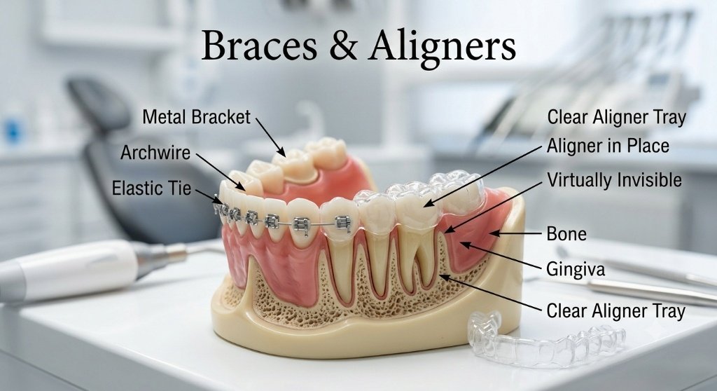 Clear aligners and braces for teeth straightening